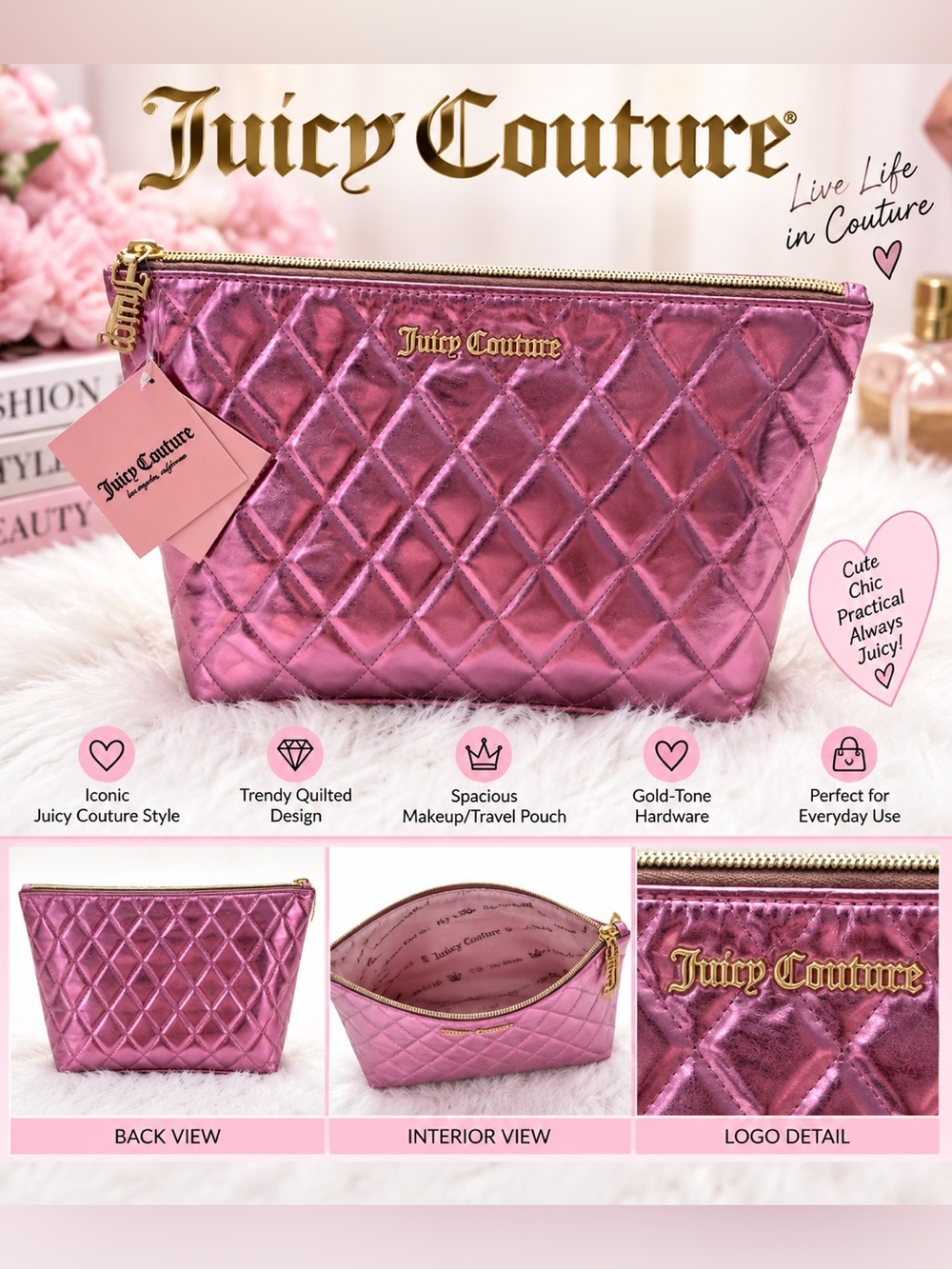Juicy Couture Metallic Pink Quilted Makeup Pouch with Gold Hardware